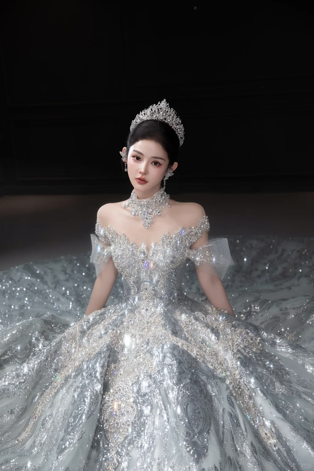 Robe de mariée longue en tulle et sequins, épaules dénudées, style bal intemporel, C4038