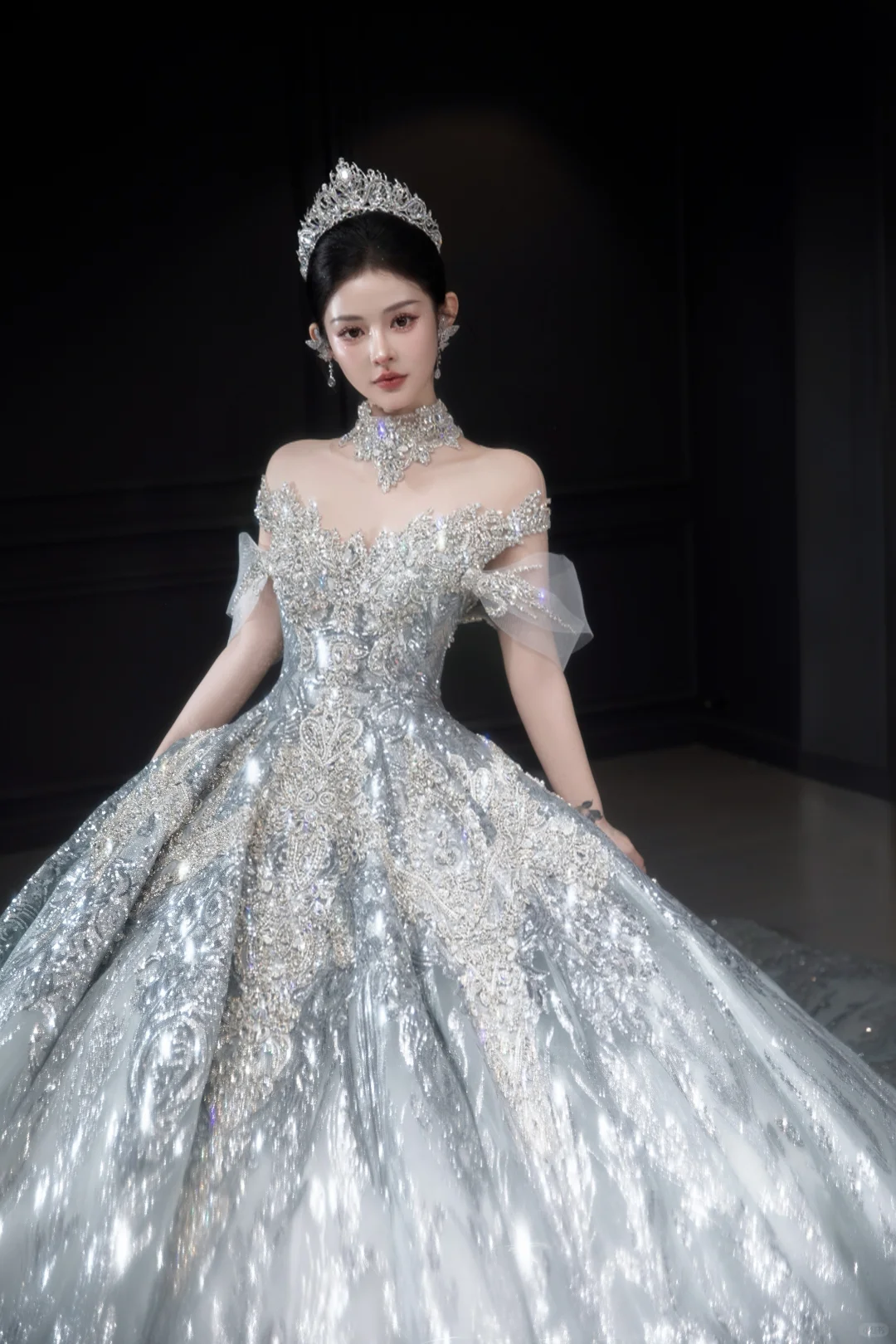Robe de mariée longue en tulle et sequins, épaules dénudées, style bal intemporel, C4038