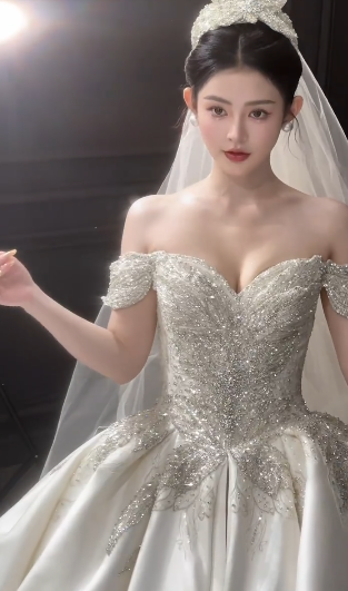 Robe de mariée longue élégante en satin à épaules dénudées et perles avec voile C4044