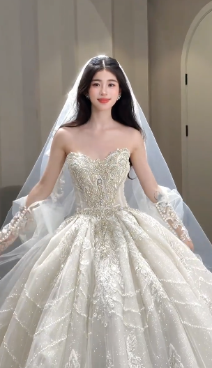 Superbe robe de bal bustier en tulle, sequins, perles et gants en voile, robe de mariée longue C4050