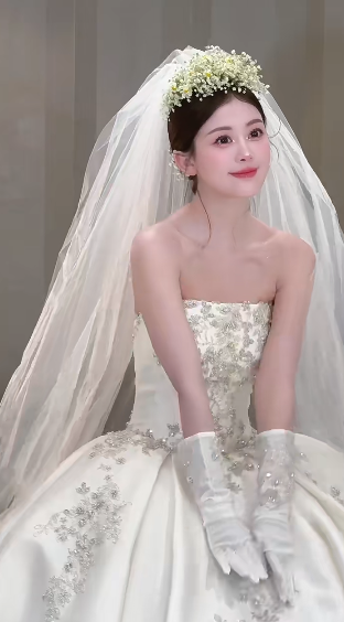 Robe de mariée longue en satin, bustier, avec voile et gants, effet d'illusion, C4052