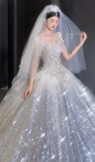 Robe de mariée longue en tulle brillant, paillettes, perles, manches courtes, avec voile, C4054