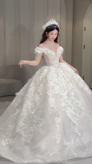 Robe de mariée longue en tulle et dentelle, épaules dénudées, jolie robe de bal, C4055