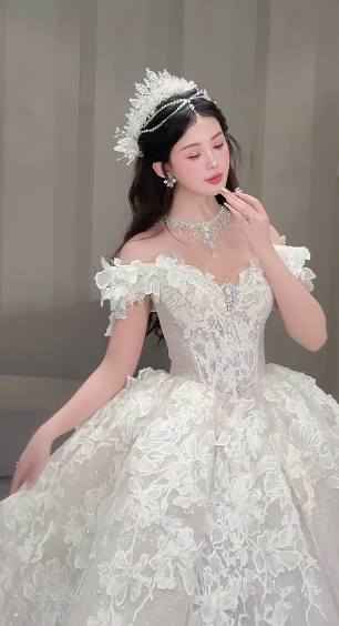 Robe de mariée longue en tulle et dentelle, épaules dénudées, jolie robe de bal, C4055