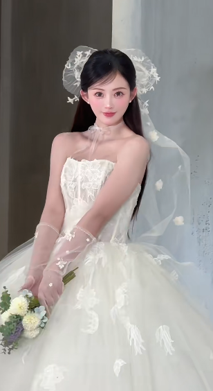 Robe de mariée longue bustier en tulle avec appliques et voile, style rêveur, C4056