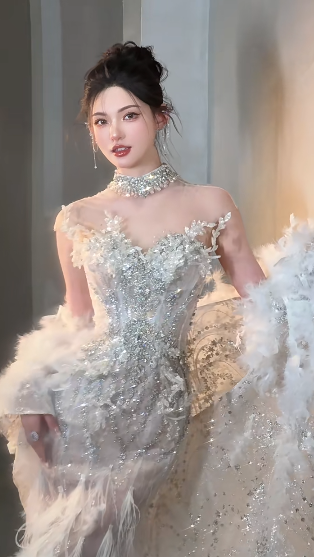 Superbe robe de mariée sirène bustier en tulle à sequins et cape longue C4058