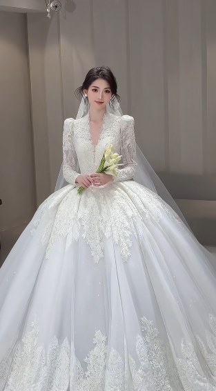 Robe de mariée longue intemporelle en tulle, col en V, dentelle, manches longues et traîne, C4068