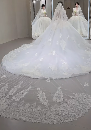 Robe de mariée longue intemporelle en tulle, col en V, dentelle, manches longues et traîne, C4068