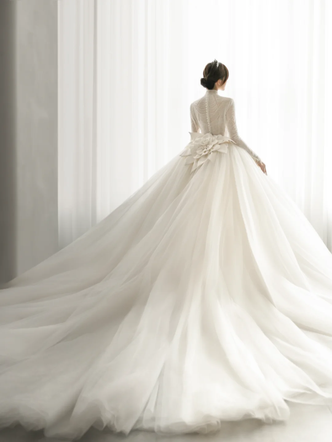 Robe de mariée longue en tulle et dentelle, manches longues, style unique, C4171