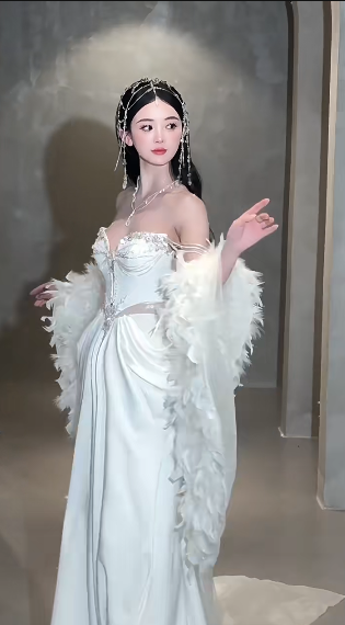 Robe de mariée longue vintage sirène en satin à épaules dénudées et perles C4076