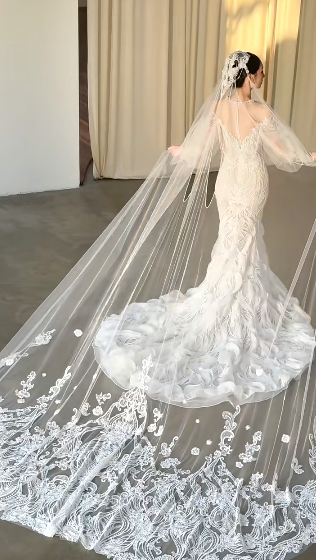 Robe de mariée sirène blanche en tulle et dentelle, manches longues et voile, C4116