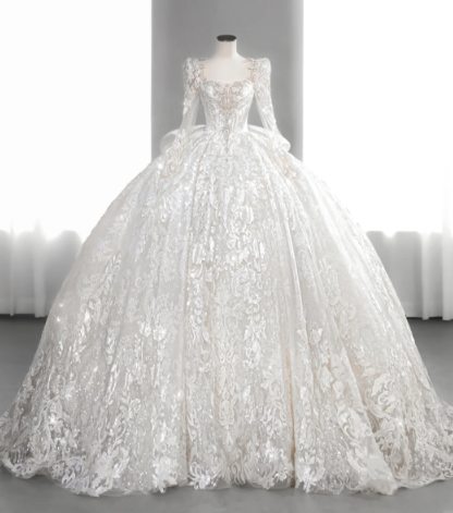 Robe de mariée longue en tulle, dentelle et sequins, manches longues, style bal intemporel, C4137