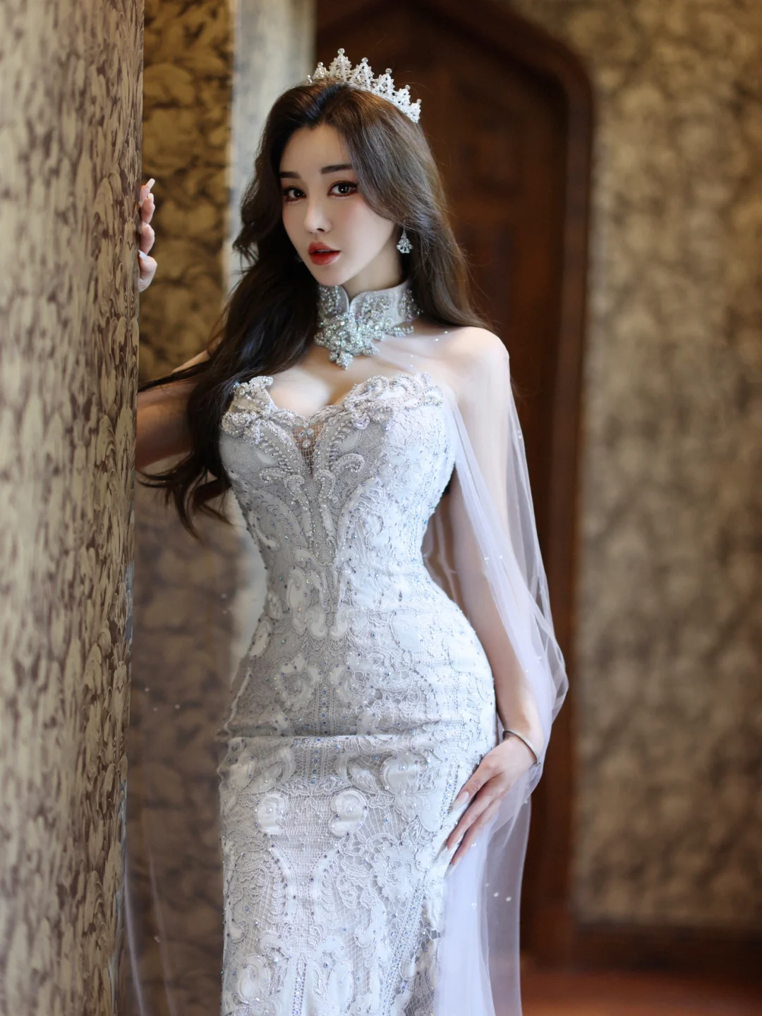 Robe de mariée sirène bustier en satin et tulle à sequins, longue et rêveuse, C4139