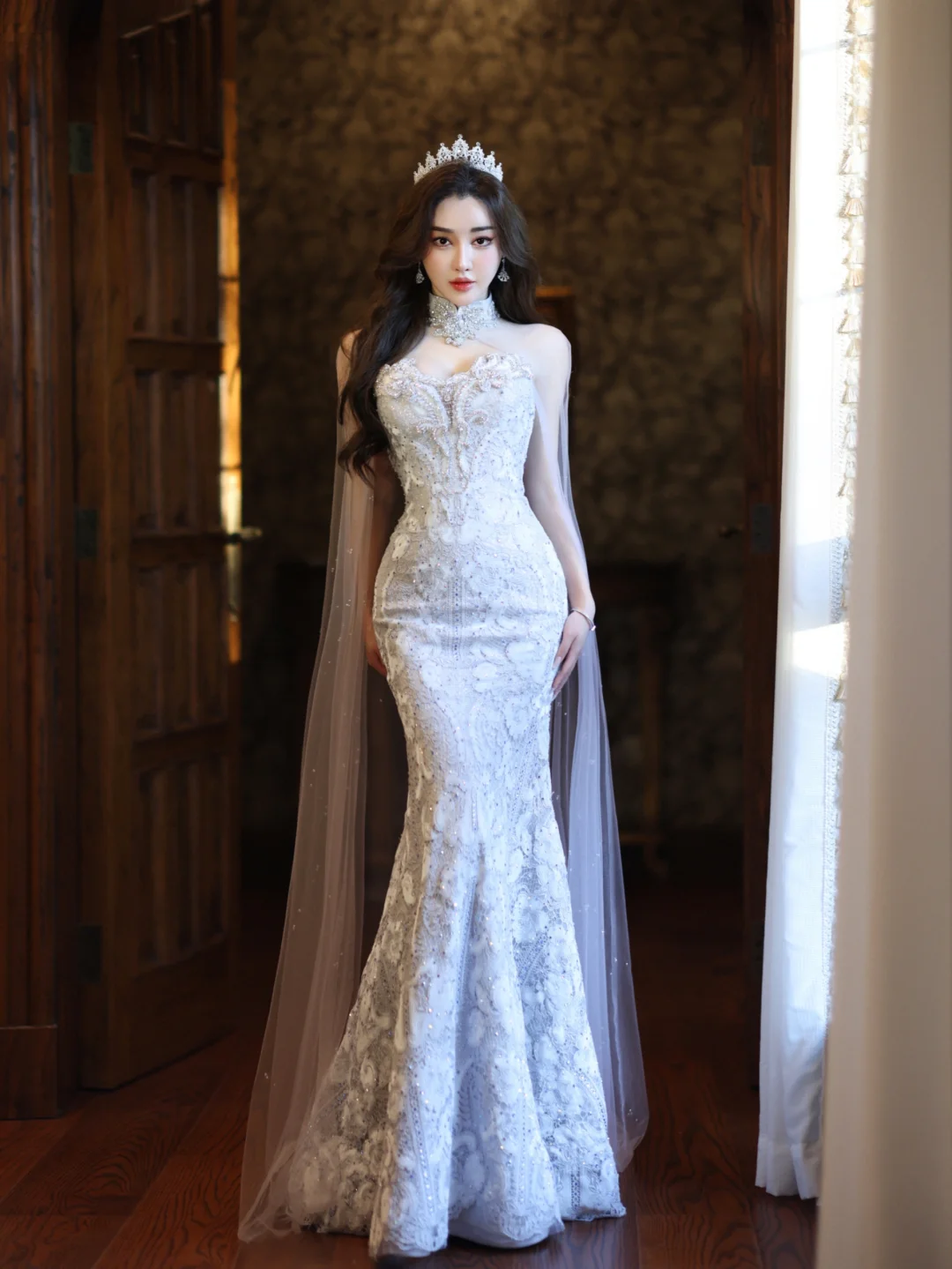 Robe de mariée sirène bustier en satin et tulle à sequins, longue et rêveuse, C4139