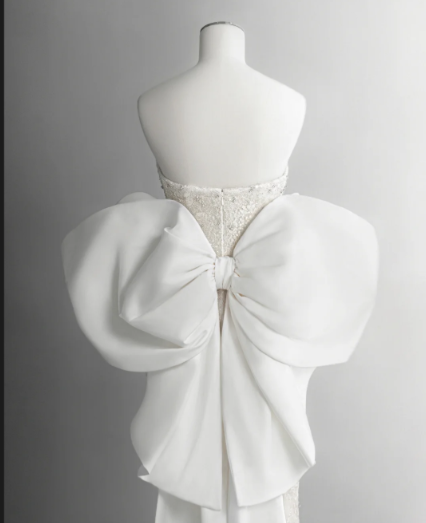 Robe de mariée longue en satin, style sirène, bustier, dentelle perlée, dos avec nœud, C4140