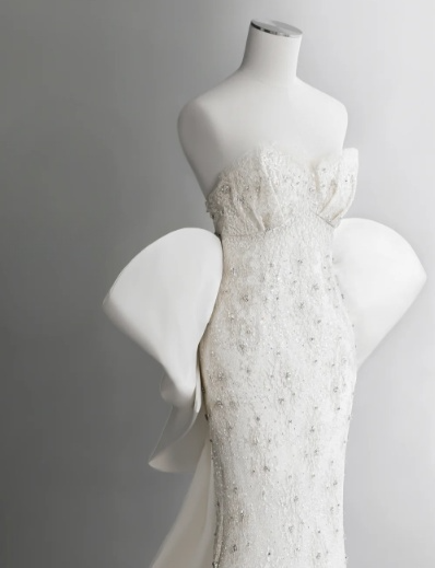 Robe de mariée longue en satin, style sirène, bustier, dentelle perlée, dos avec nœud, C4140