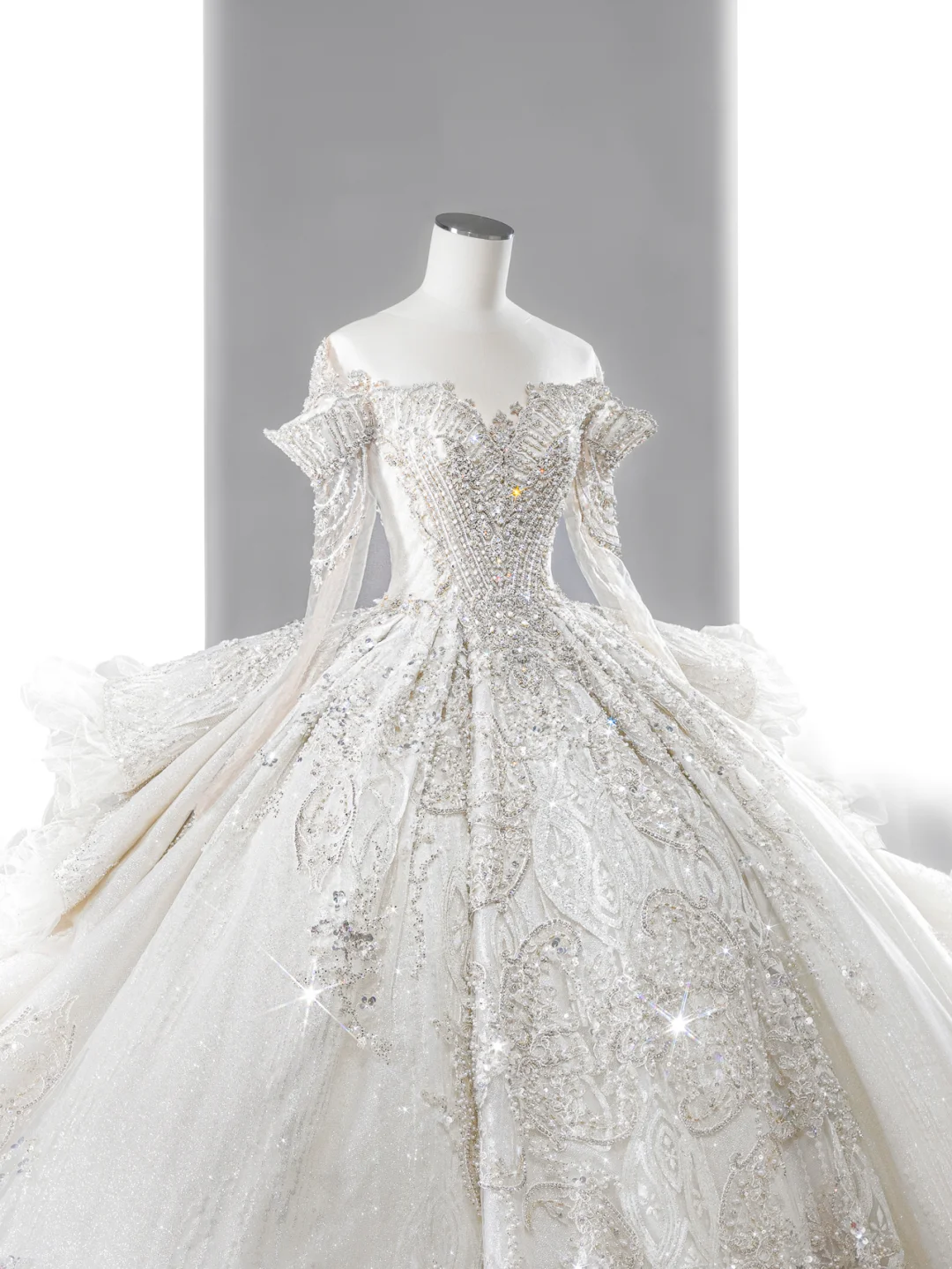 Robe de bal intemporelle à épaules dénudées, tulle, dentelle, paillettes, perles, manches longues, robes de mariée longues C4142