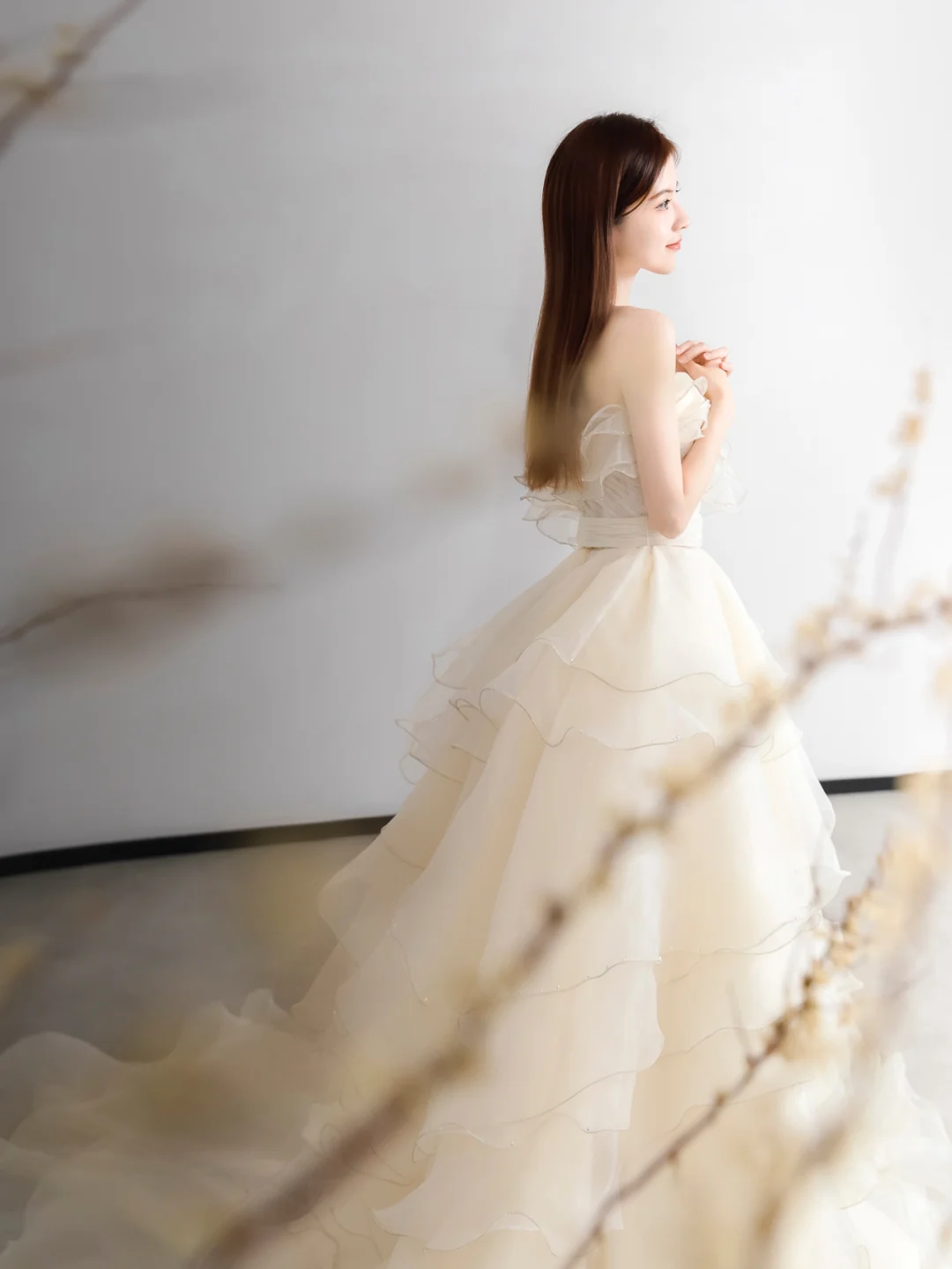 Jolie robe de mariée longue en mousseline de soie, sans bretelles, style robe de bal, C4144