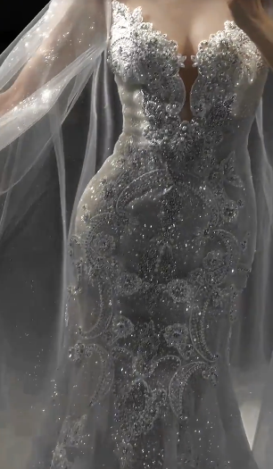 Superbe robe de mariée sirène longue bustier en satin et tulle perlé C4145