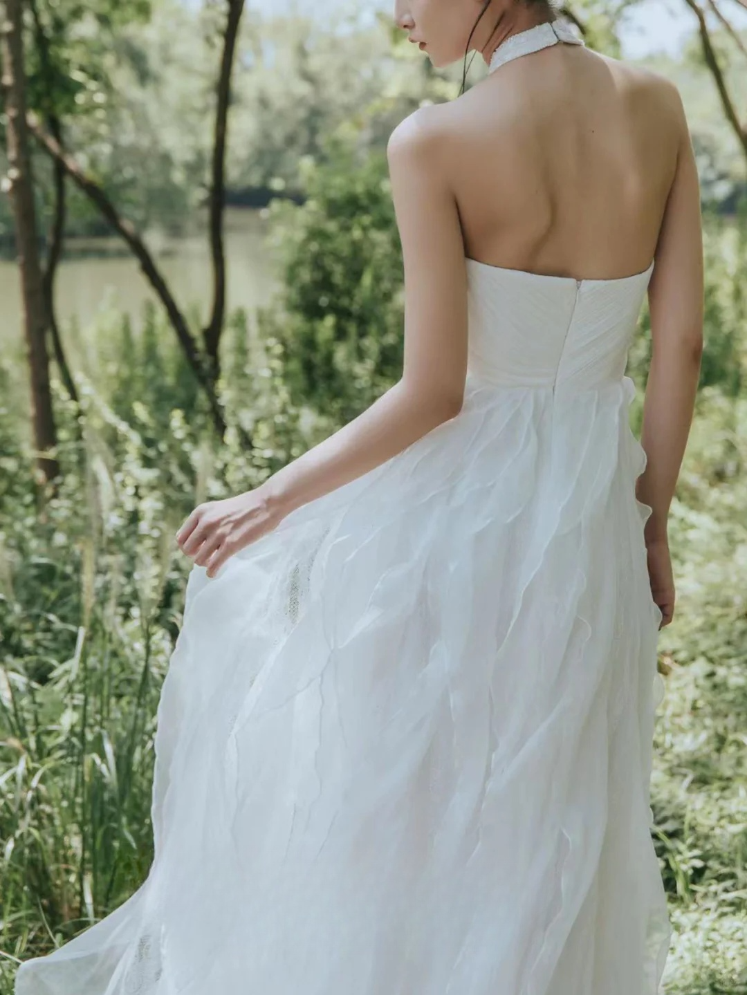 Robe de mariée longue en mousseline blanche, élégante, coupe A-line, dos nu, C4156