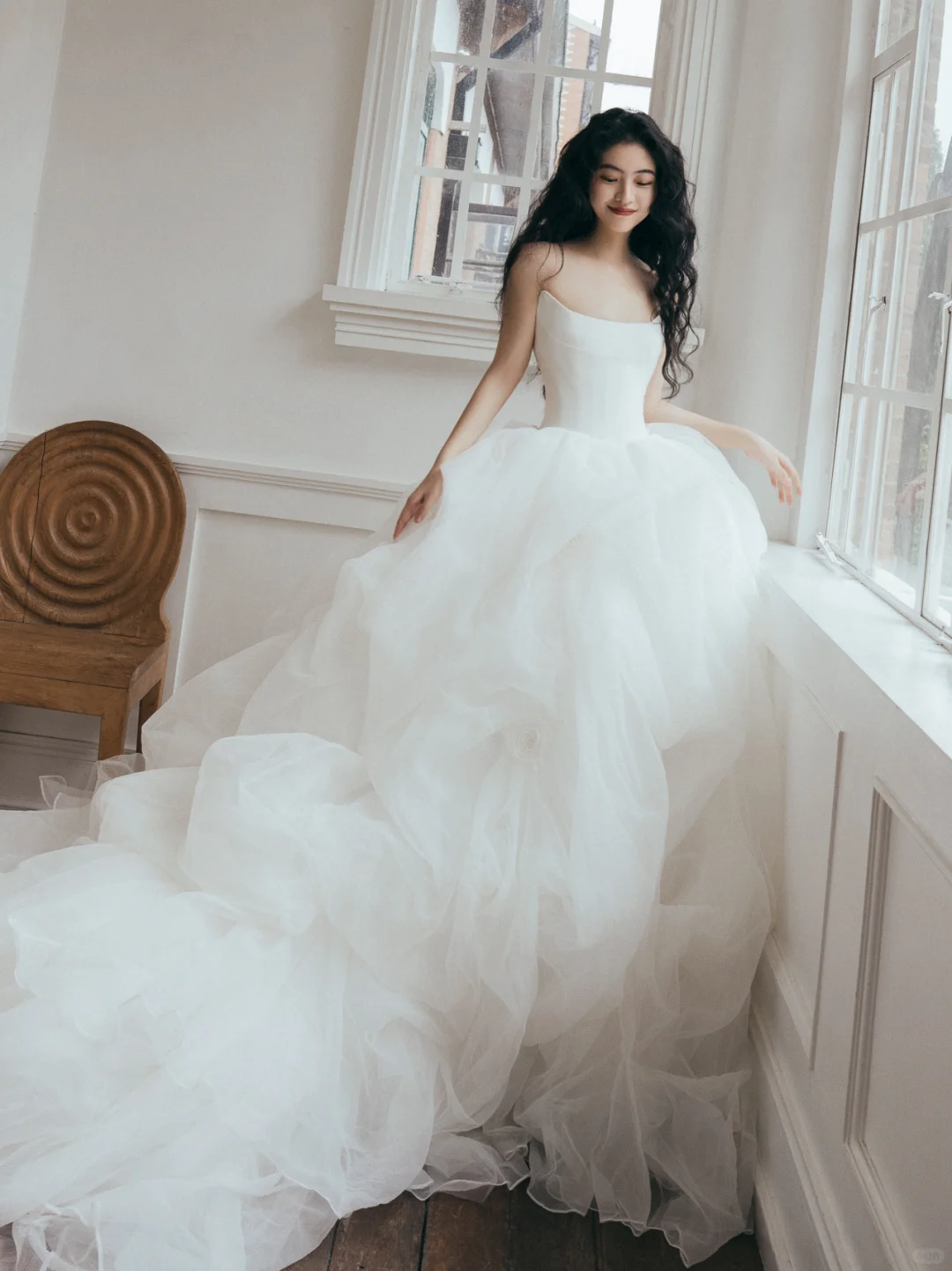 Robe de mariée longue en satin et tulle, sans bretelles, effet boule de rêve, C4158