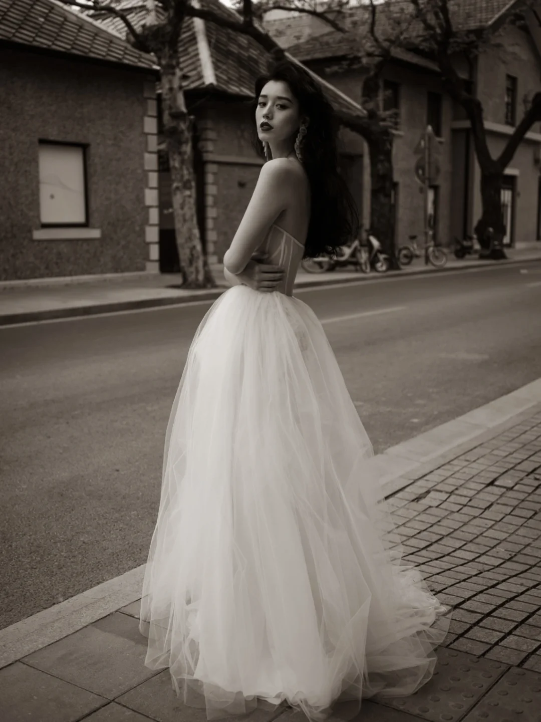 Robe de mariée longue en tulle, élégante, coupe trapèze, sans bretelles, C4162