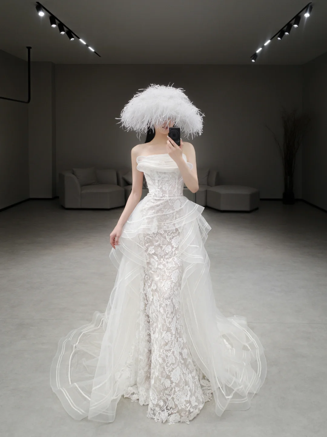 Robe de mariée longue élégante en tulle et dentelle, style sirène, sans bretelles, C4168