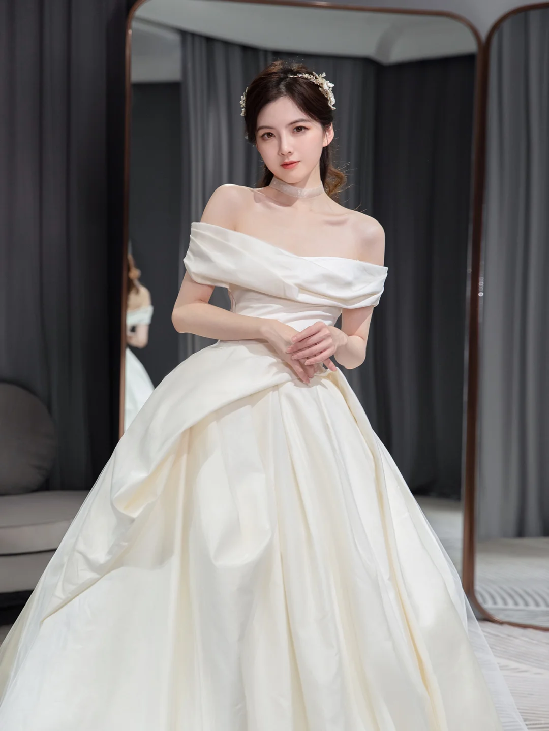 Robe de mariée longue en satin, simple et élégante, épaules dénudées, C4194