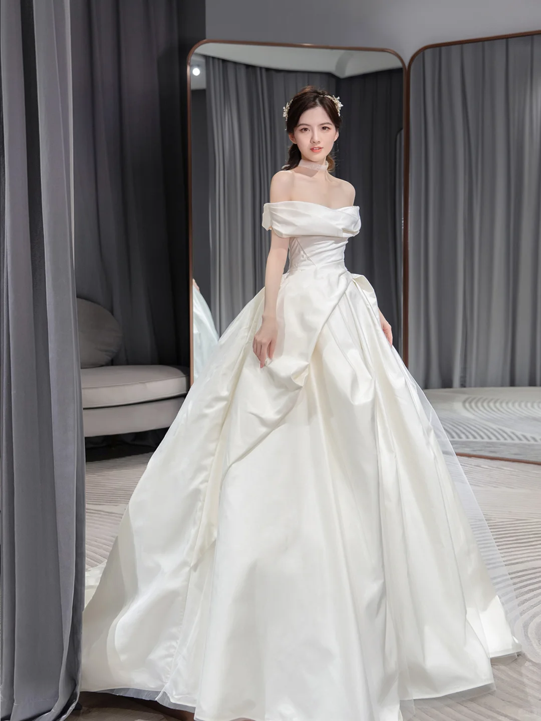 Robe de mariée longue en satin, simple et élégante, épaules dénudées, C4194