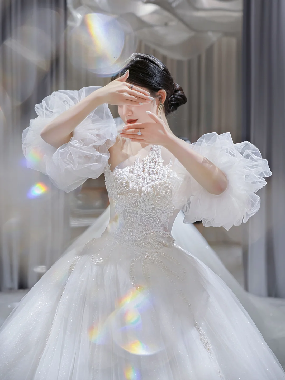 Jolie robe de bal en tulle et dentelle avec appliques, manches courtes, robe de mariée longue C4198
