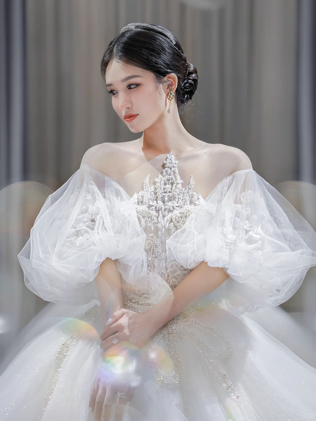 Jolie robe de bal en tulle et dentelle avec appliques, manches courtes, robe de mariée longue C4198