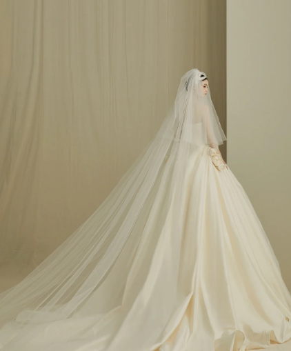 Robe de mariée longue en satin, bustier et voile, effet boule de rêve, C4201
