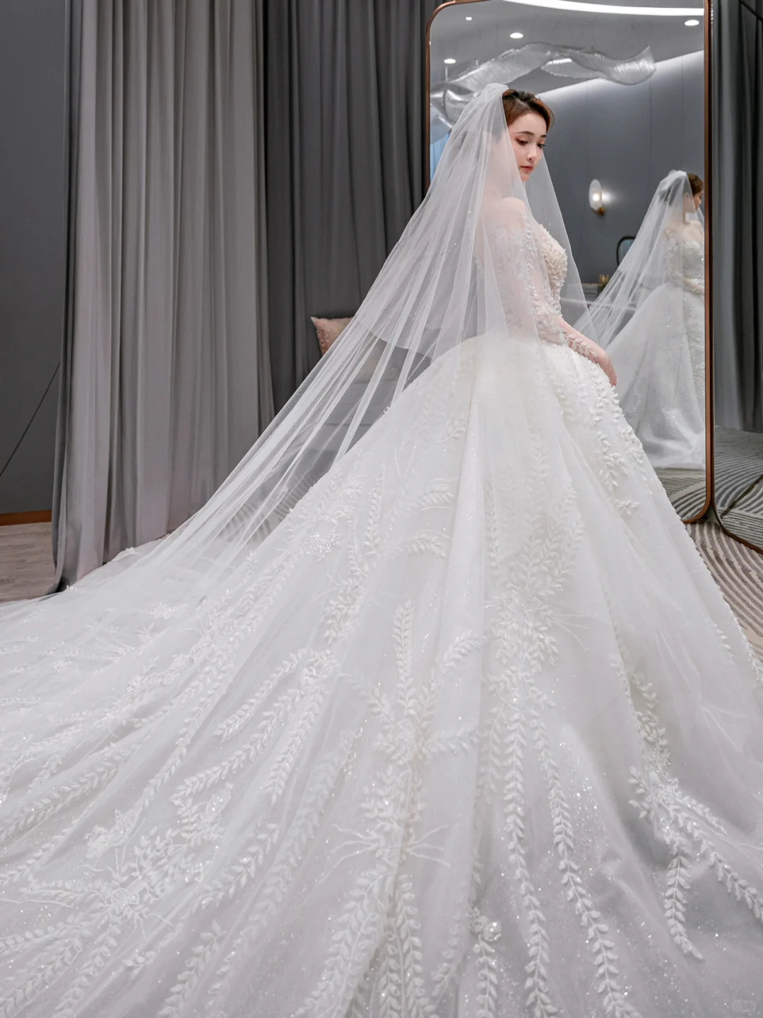 Robe de mariée longue en tulle à manches longues et voile, effet d'illusion, C4226