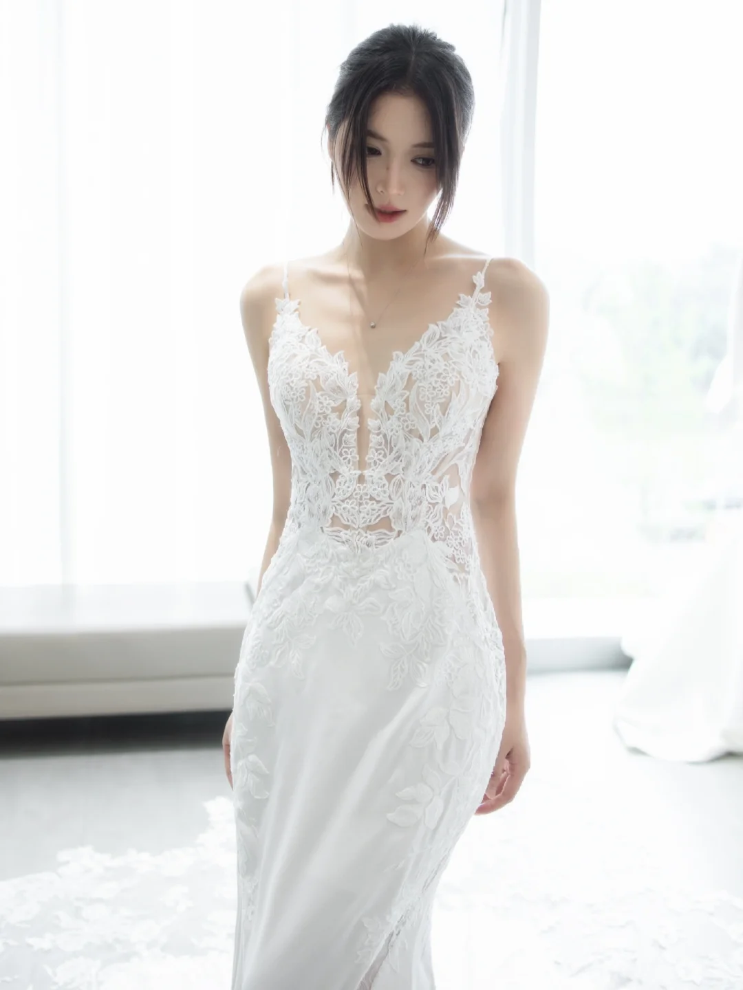 Timeless Mermaid Spaghetti Straps Satin Lace Long Wedding Dresses C4229