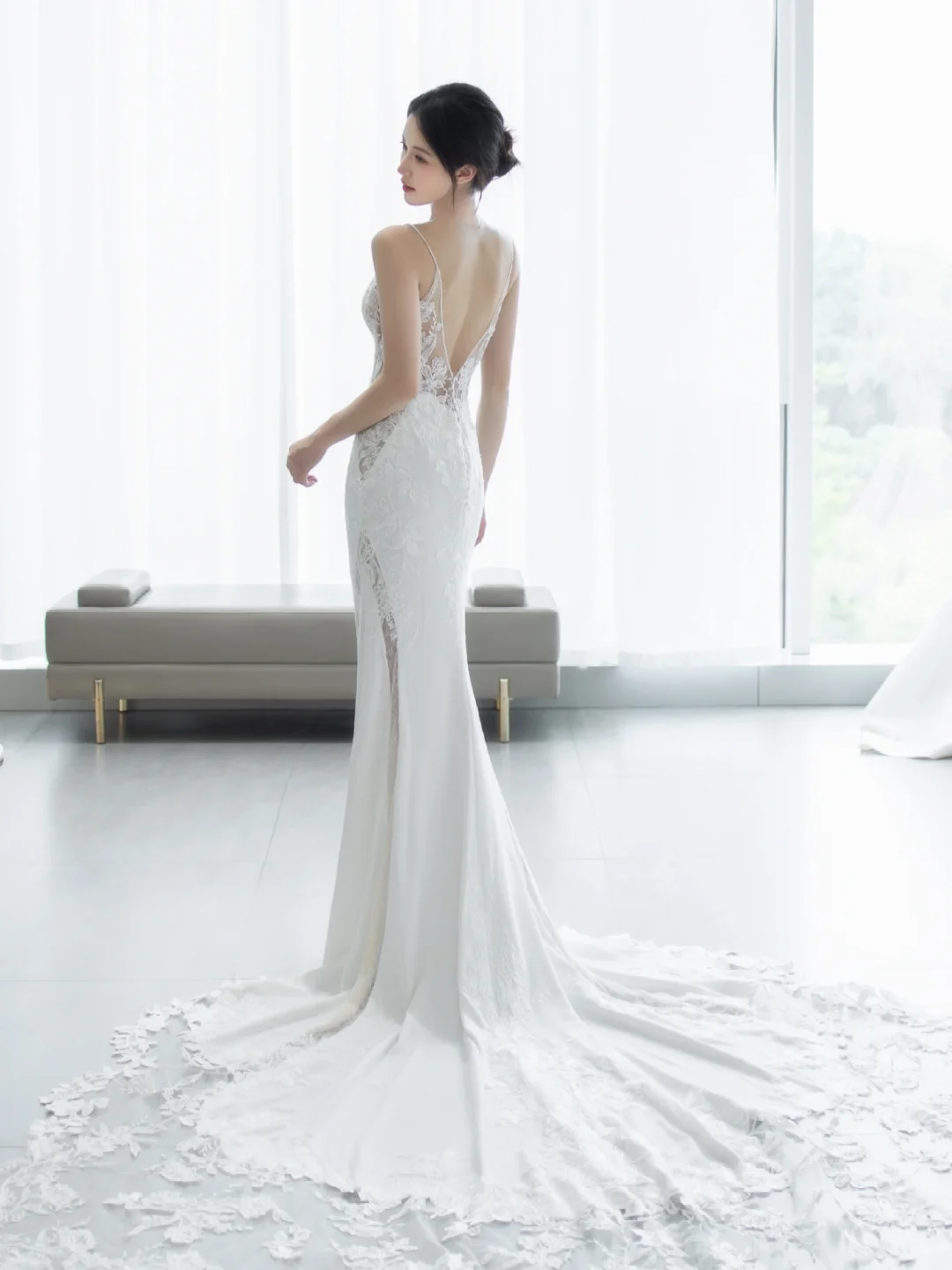 Timeless Mermaid Spaghetti Straps Satin Lace Long Wedding Dresses C4229