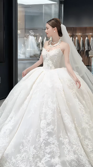 Robe de mariée longue en tulle et dentelle, sans bretelles, style bal intemporel, avec voile, C4230