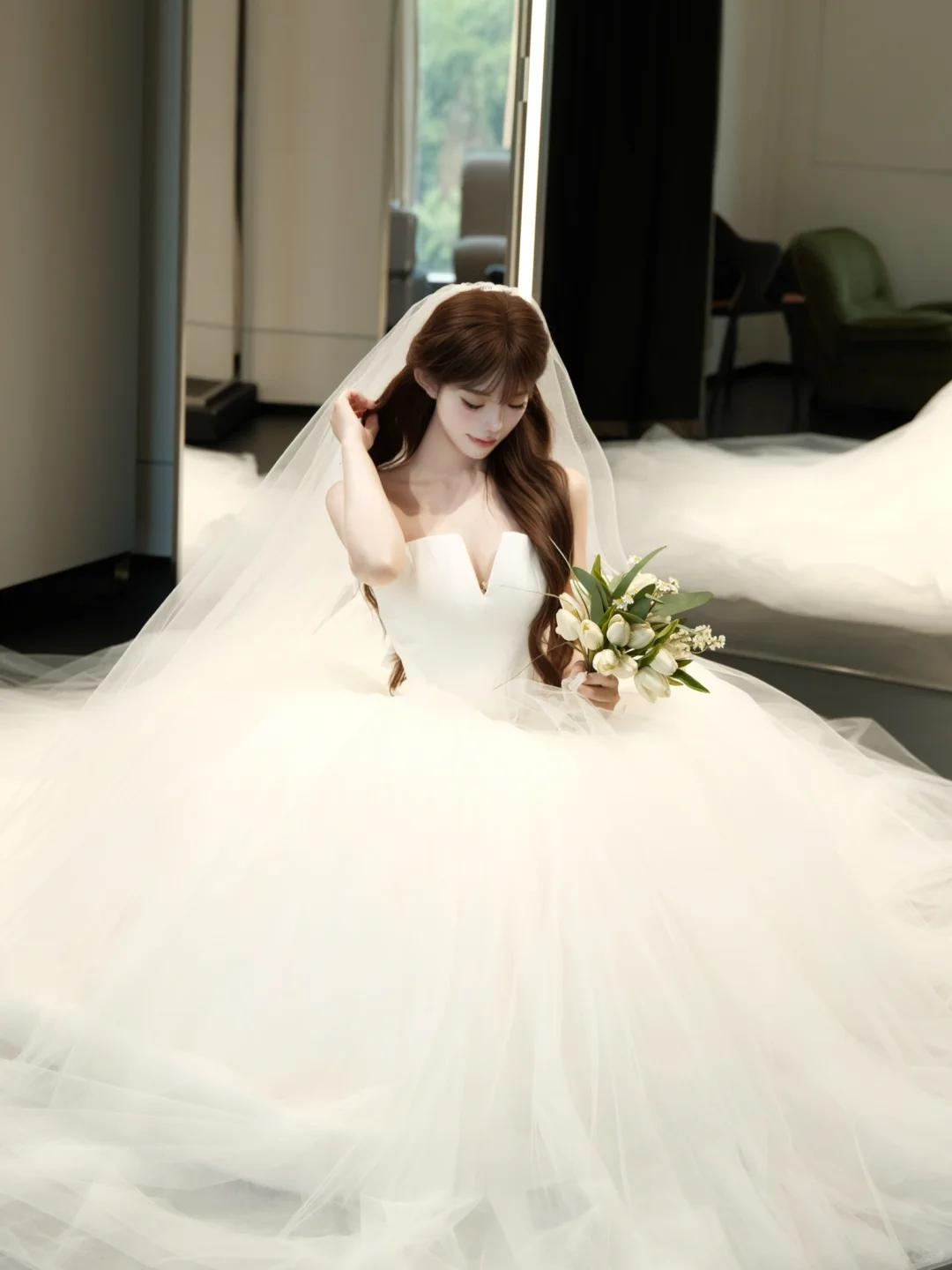 Robe de mariée longue en satin et tulle, sans bretelles, style princesse, avec voile, C4231