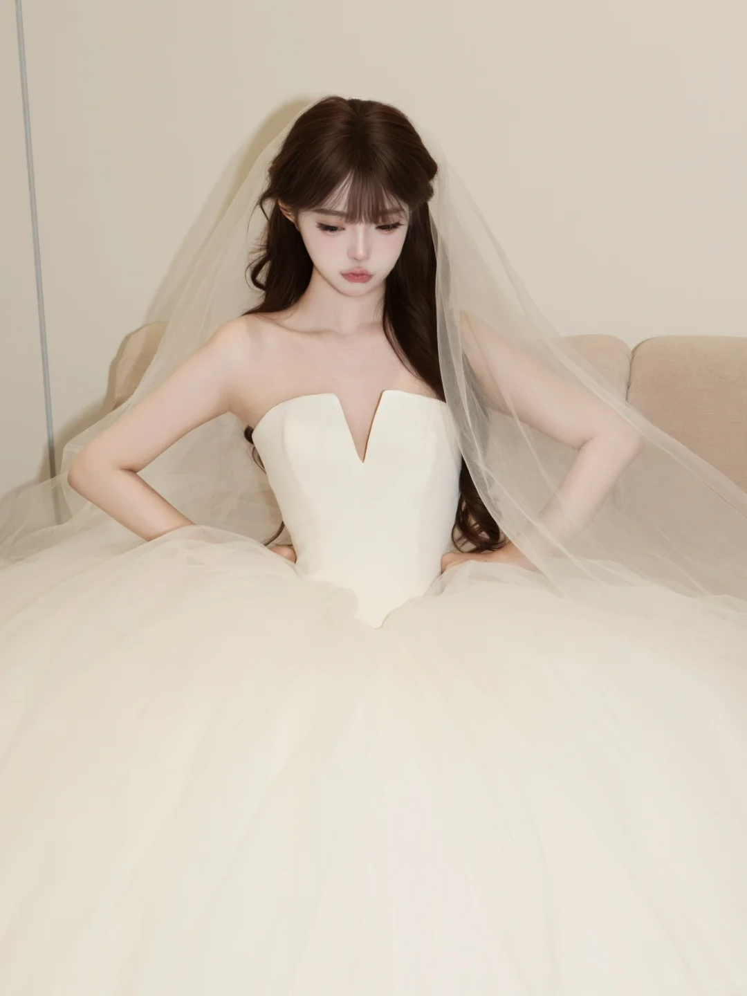 Robe de mariée longue en satin et tulle, sans bretelles, style princesse, avec voile, C4231