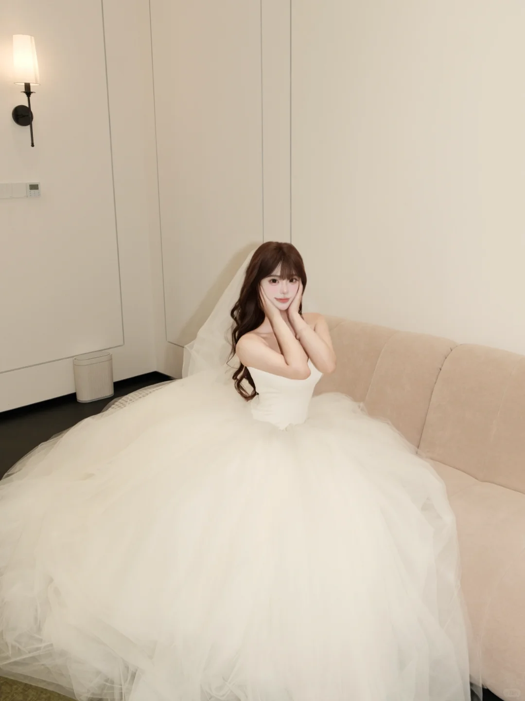 Robe de mariée longue en satin et tulle, sans bretelles, style princesse, avec voile, C4231