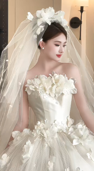 Pretty Ball Gown Strapless Satin Tulle Applique With Veil Long Wedding Dresses C4232
