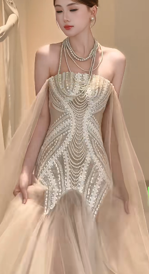 Robe de mariée longue en tulle, sans bretelles, style sirène, avec perles et dentelle, C4233