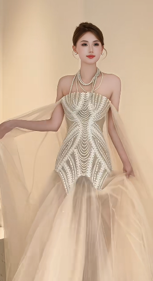 Robe de mariée longue en tulle, sans bretelles, style sirène, avec perles et dentelle, C4233