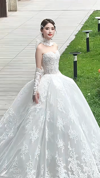 Sweet Ball Gown Strapless Tulle Lace With Sleeves Veil Long Wedding Dresses C4234