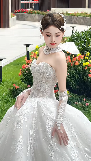 Sweet Ball Gown Strapless Tulle Lace With Sleeves Veil Long Wedding Dresses C4234