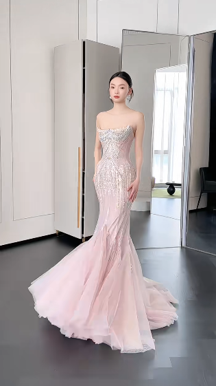 Robe de mariée longue intemporelle en tulle, sequins et perles, style sirène, sans manches, C4238