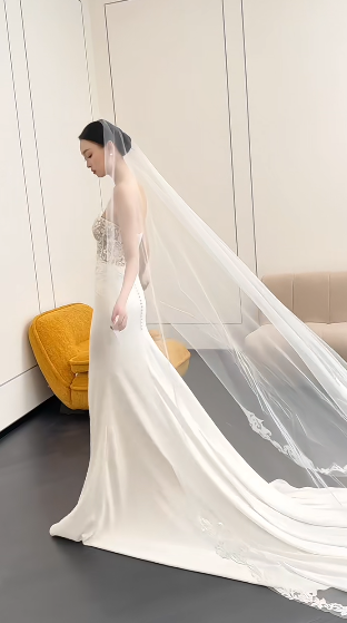 Elegant Mermaid Starpless Satin Lace With Veil Long Wedding Dresses C4239