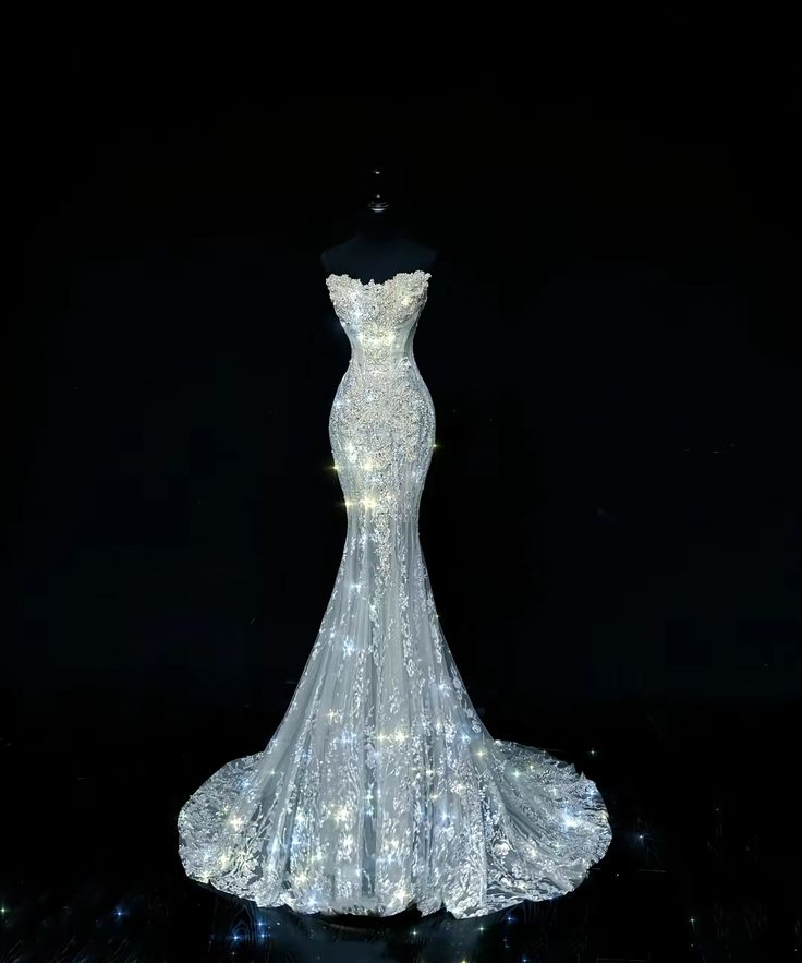 Timeless Mermaid Strapless Tulle Lace Sequin Long Wedding Dresses C4242