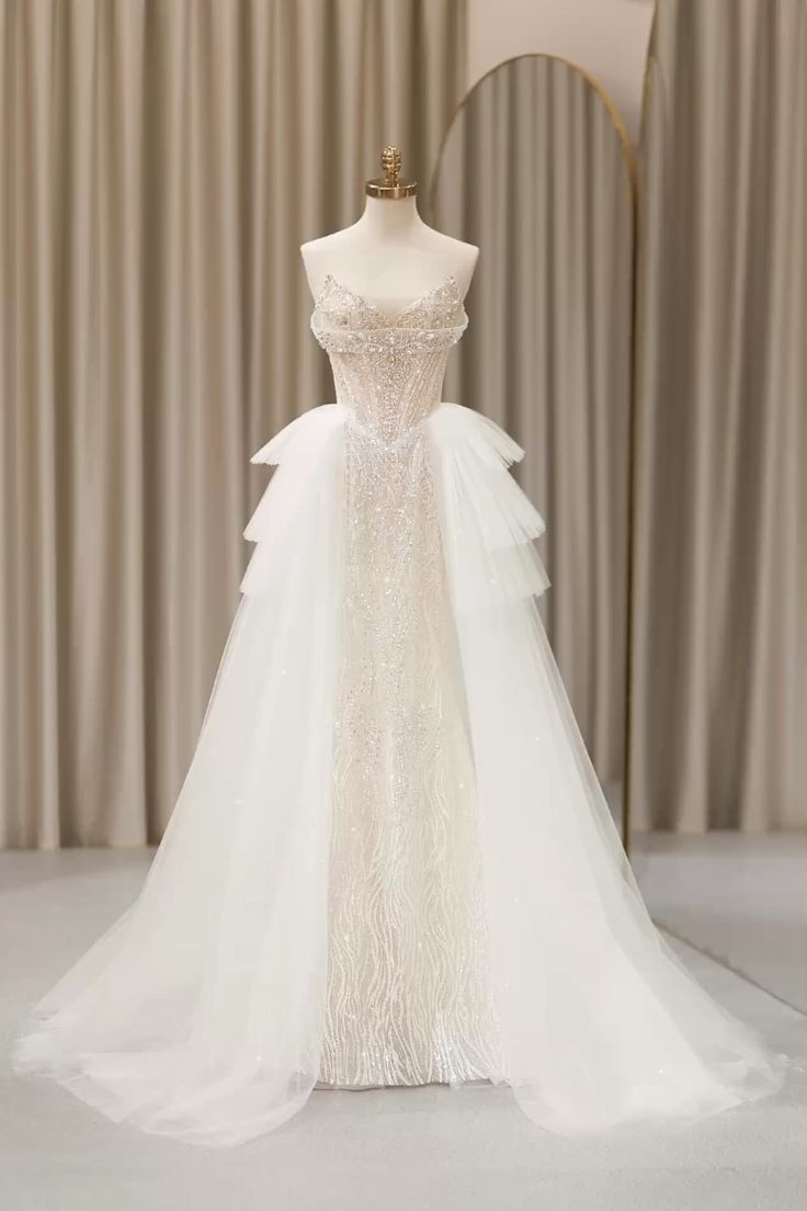 Elegant Mermaid Strapless Tulle Lace Sequin Long Wedding Dresses C4257