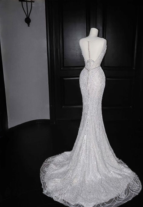 Robe de mariée longue sirène intemporelle sans bretelles, en tulle, dentelle et sequins, C4273