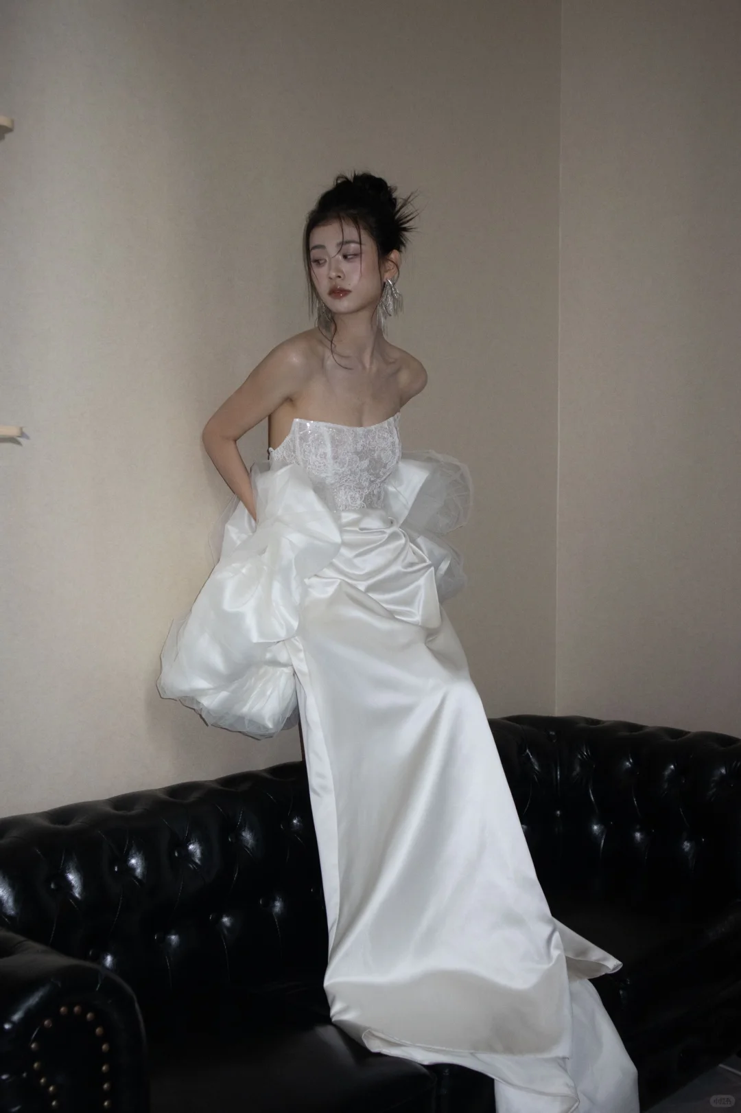 Robe de mariée longue élégante en satin, sans bretelles, en dentelle et sequins, style sirène, C4318